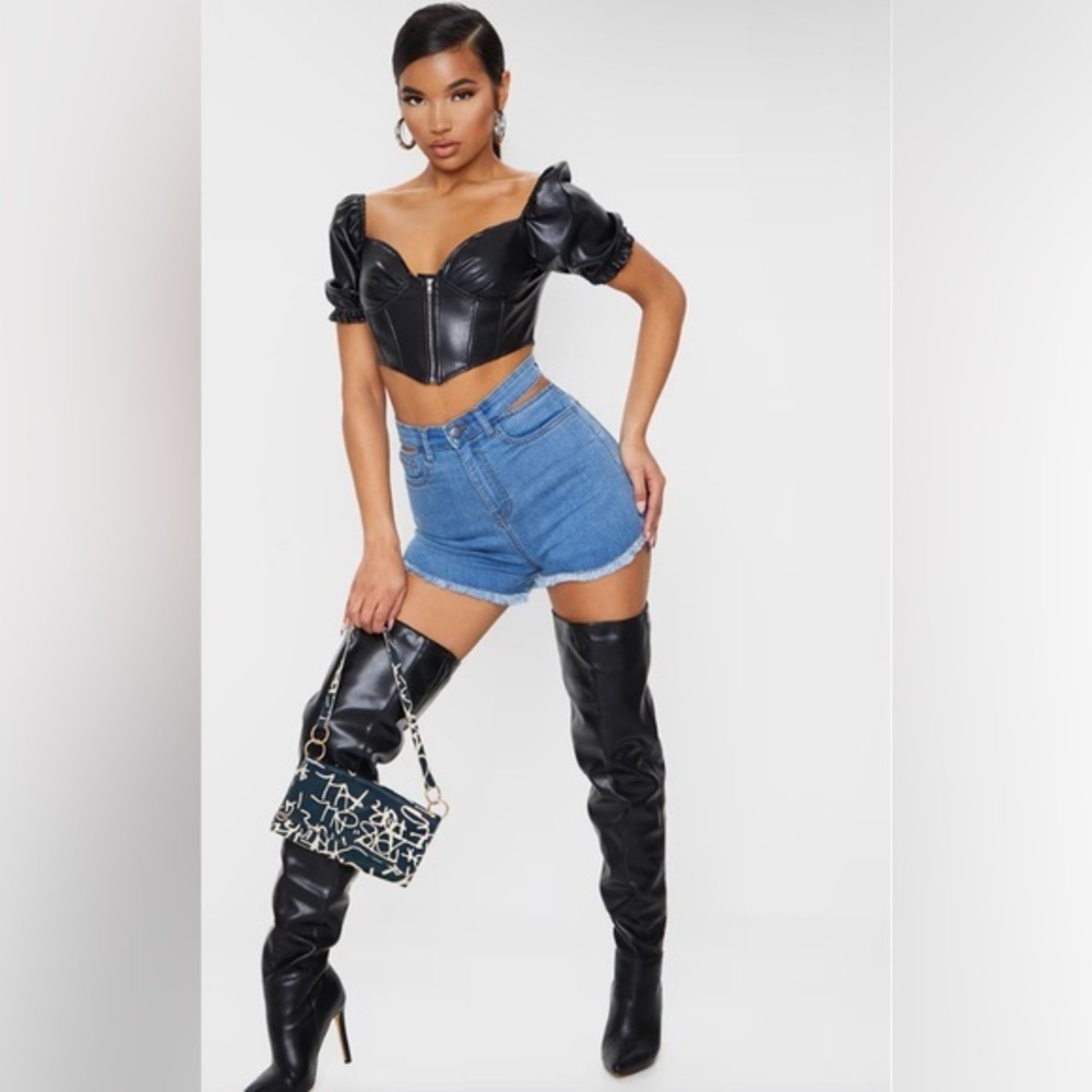 Mid Blue Wash Cut Out Waist Disco Shorts